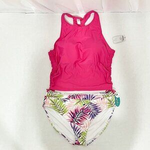 Outdoor Oasis NWT Sz2X Pink Tankini Top Mynah Sz18W Multi High Waist Bottom